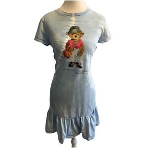Ralph Lauren Big BEAR Dress T-Shirt Ruffles Mini Tie Dye Blue Polo Tennis School